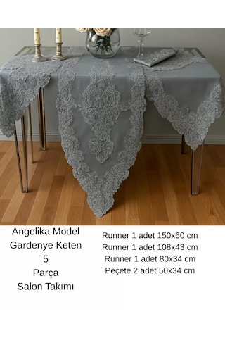 Salon Takımı 5 Parça Keten Dantelli Masa Örtüsü Runner Seti Angelika Model - Simli Gri Çok Renkli