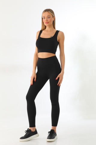 Kallima Siyah Toparlayıcı Yüksek Bel Fitilli Spor Tayt-crop Takım