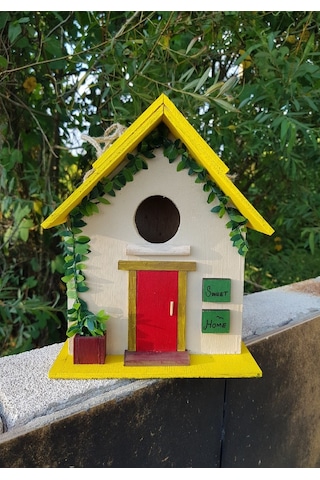 El Yapımı Ahşap Kuş Yuvası Dekoratif Kuş Evi Bahçe Balkon Dekorasyon Kayın Ağacı Vernikli Sarı