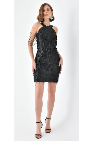 Hanife Glam Couture Hanife Glam Halter Yaka Taş Tasarımlı Saçaklı Pul Payet Mini Elbise Siyah