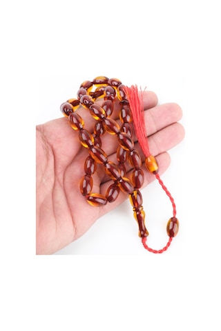 Sıkma Kehribar Beyzi Kesim 9x14mm Tesbih Kırmızı - Sarı