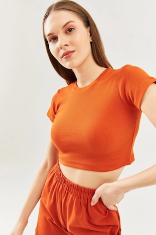 Kadın Kısa Kol Bisiklet Yaka Vücuda Oturan %100 Pamuklu Kaşkorse Esnek Crop Bluz Kiremit