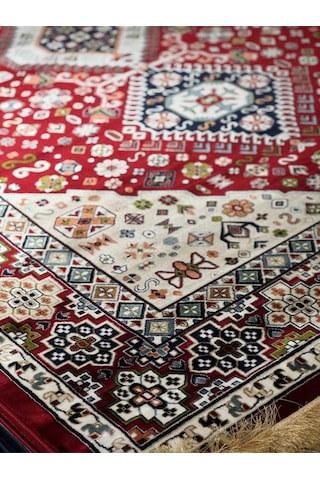 Asaryün Halı Ipek H4320 Bordo İpeksi Geleneksel Renkli Göbekli Klasik Desen Salon Halısı Modern Renkli