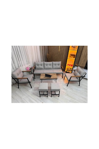 Balkon, Bahçe - Metal Kanepe Koltuk Takımı 3+1+1 + 2 Adet Puf + Sehpa