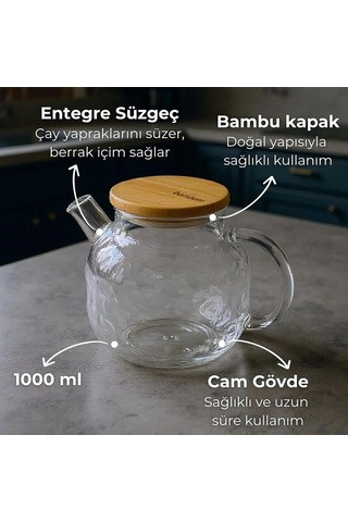 Borosilikat Cam Demlik, Bambu Kapaklı, Süzgeçli, 1000 Ml, Isıya Dayanıklı, Çay Kahve Bitki Çayı İçin, Cam Çay Çok Renkli