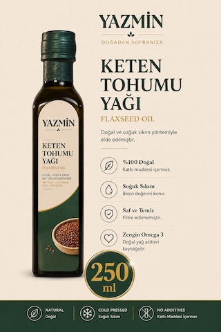 Yazmin Keten Tohumu Yağı 250 Ml Cam Şişe Soğuk Sıkım %100 Saf Doğal Keten Yağı