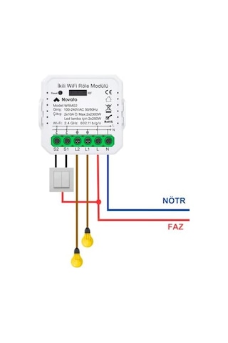 Tuya Uyumlu Akıllı Anahtar Modülü, Çift Çıkışlı, Anahtar Girişli, 2x10a - 220v Röle, Google Asistan Ve Alexa Destekli