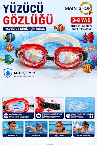 Mainshop 3-8 Yaş Çocuk Yüzücü Gözlüğü - Buğu Yapmaz Ayarlanabilir Havuz Ve Deniz Gözlüğü Kulak Tıkacı Hediyeli M-2088