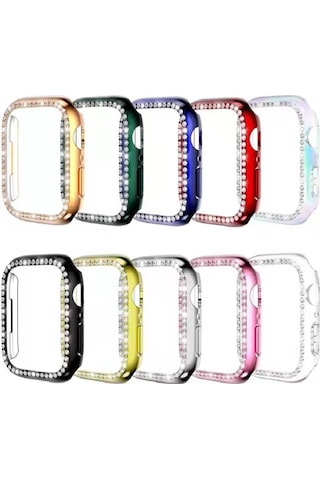Apple Uyumlu  Watch 5 6 44 MM Tek Sıra Parlak Taşlı Rubber Kasa Kap