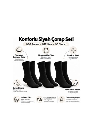 Teorastore Unisex Siyah Soket Çorap 3'lü Set Düz Basic Ribanalı Günlük Spor Esnek Rahat Uzun Çorap Konforlu Set