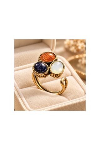 Esoo Jewelry Doğal Taş Detaylı 3 Taşlı Vintage Gold Ayarlanabilir Kadın Yüzük - Beyaz Siyah Kahve Beyaz - Siyah