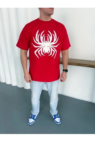 Defymoda Erkek Örümcek Baskılı Tişört Kısa Kollu Bisiklet Yaka T-shirt - Kırmızı