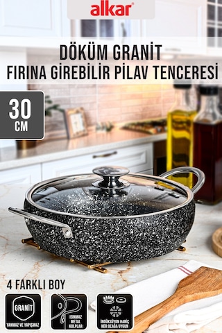 Döküm Granit Fırına Girebilir Yanmaz Yapışmaz Pilav Tenceresi 30 Cm