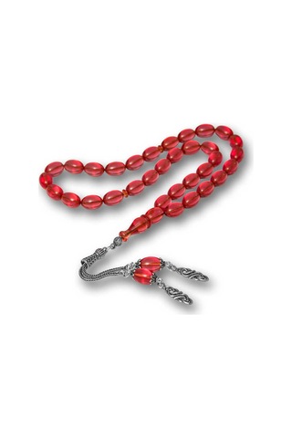 Gümüş Püsküllü Ateş Kehribar Tesbih Sl12592 Gümüş