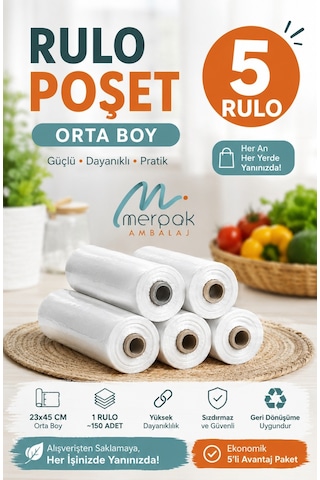 Rulo Poşet 5 Rulo Orta Boy Market Manav Poşeti Çöp Poşeti Atlet Poşet