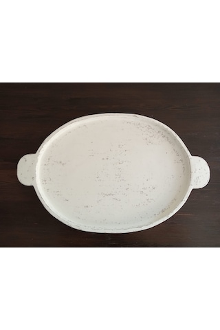 Orion Serisi Büyük Boy Kulplu Eskitme Beyaz El Yapımı Kırılmaz Sunum Tepsisi 33x53 Cm