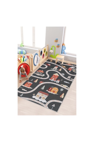 West Home Makinede Yıkanabilir Kaymaz Taban Leke Tutmaz Yol Desenli Halı Bebek Ve Çocuk Halısı Oyun Matı Wh 566 Black Siyah