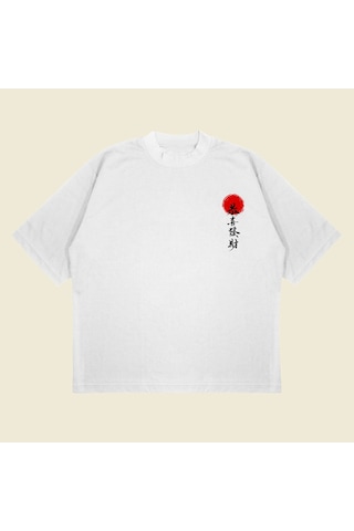 Tarzsokak Japonca Baskılı Oversize Unisex Pamuklu Nefes Alan Kalın Kumaşlı Beyaz