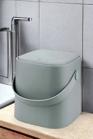 Deri Saplı İç Kovalı Click Kapaklı Mutfak Banyo Tuvalet Çöp Kovası 4 Lt Çöp Kutusu Gri Gri