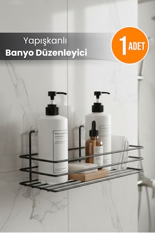 Yapışkanlı Paslanmaz Siyah Banyo Düzenleyici Organizer - Şampuanlık Siyah