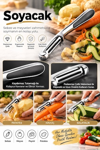 Sebze & Meyve Soyacağı Paslanmaz Çelik Ergonomik Kaydırmaz Saplı Profesyonel Soyacak Gümüş