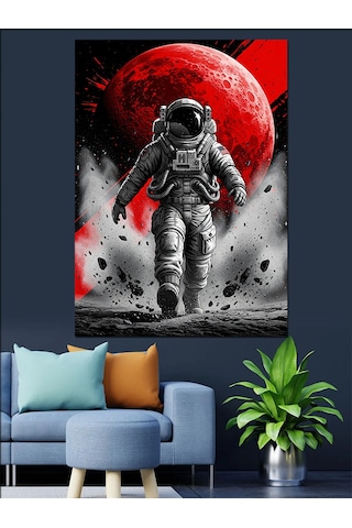 Kırmızı Ay Ve Astronot Dekoratif Kanvas - Mdf Ahşap Tablo