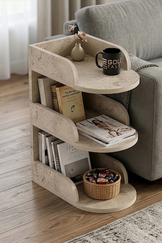 Yan Sehpa Modern 3 Katlı Kitaplıklı Çok Amaçlı Dekoratif Sehpa Minimal Tasarım 6103 Traverten Çok Renkli
