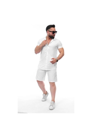 Mcz Giyim Keten Beyaz Renk Slim Fit Erkek Şort - Gömlek Alt Üst Takım