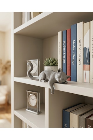 Minimalist Tasarım Uykucu Gri Kedi Biblosu Kitaplık & Masa Kenarı Süsü
