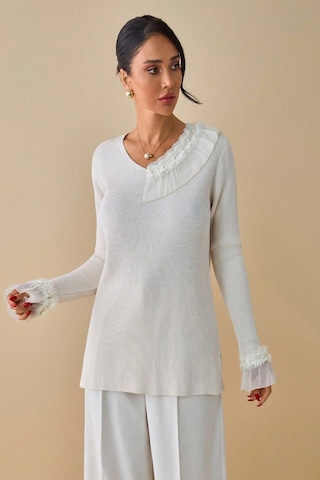 Onno Style Women Triko Omuz Kol Dantelli Selanik Kazak Krem