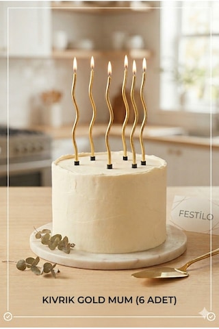 6 Lı Kıvrımlı Mum Gold Pasta Süsü Spiral Mum Pasta Mumları 16 Cm