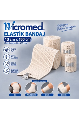 Wicromed Elastik Bandaj 10x150 Cm Metal Klipsli Esnek Destek Bandajı 5 Adet