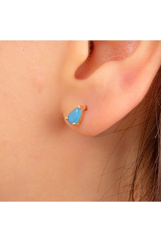 Altın Küpe - 14 Ayar Altın Damla Modelli Firuze Turkuaz Taşlı Küpe Sarı