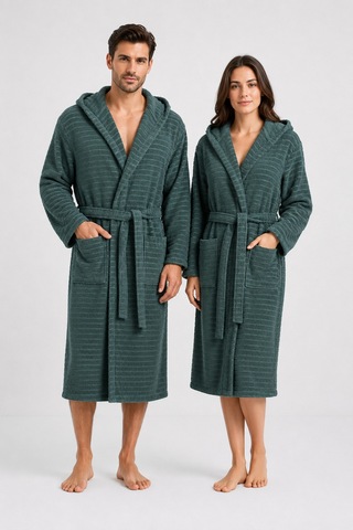 Pamuklu Kapüşonlu Banyo Bornozu Yumuşak Doku Çeyiz Cepli Kemerli Unisex Haki