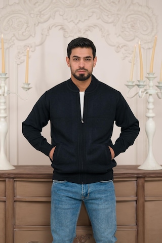 Woolen World Pilot Yaka Fermuar Kapamalı Klasik Kesim Astarlı Çelik Örgü Hırka Lacivert