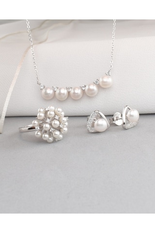 Brezza Lusso Jewelry Special Luxury Pearl Kadın Gümüş Kolye Küpe Yüzük İnci Set
