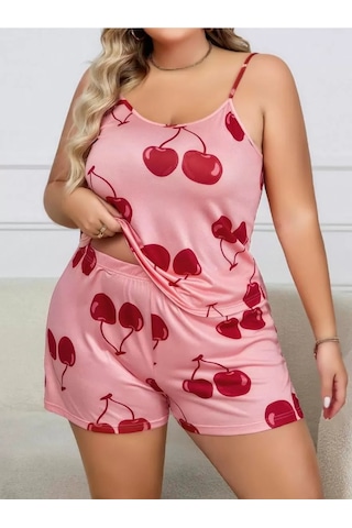 Naam Büyük Beden Pembe Kiraz Desen İnce Askılı Pamuklu Şortlu Pijama Takımı Çok Renkli