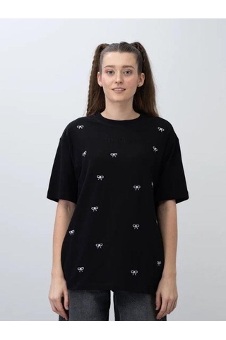 Zekids Kız Çocuk Fiyonk Nakışlı Oversize Tshirt-15536 Siyah Beyaz