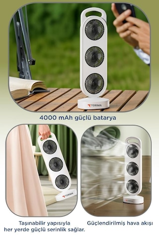 Şarjlı Masaüstü Vantilatör 3 Fanlı Kule Tipi Taşınabilir Fan F52 Beyaz Siyah