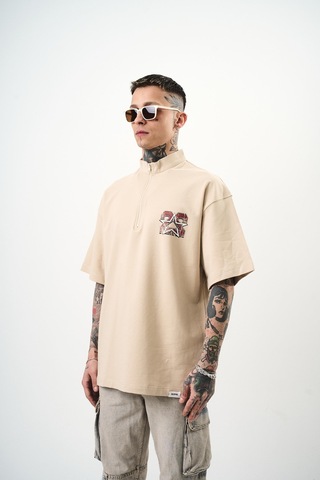 Respire Erkek 22 Baskılı Yarım Fermuarlı Oversize T-shirt Bej