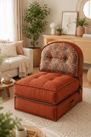 Reyo Pufymax Comfy Plus Oval Bohem Tekli Koltuk Yatak Olabilen Katlanır Berjer & Modüler Yer Yatağı 75x75x 90 Cm Kiremit Desenli