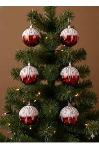 6 Adet Yılbaşı Ağacı Top Süsü 8 Cm - Kırmızı Pullu Ve Yoğun Simli Lüks Ağaç Dekorasyonu Seti Özel Pvc Kutulu