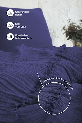%100 Pamuk Çift Kişilik Müslin Yatak Örtüsü 4 Katlı Yumuşak Battaniye Müslin Pike Takımı 3 Parça Lacivert Lacivert