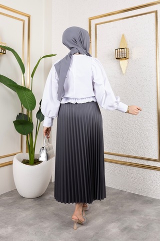 Hira Life Fashion Kadın Tesettür Giyim Ve Deri Görünümlü Beli Lastik Detayı İle Piliseli Uzun Etek Füme Füme