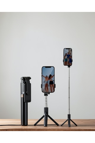 Selfie Çubuğu Tripod Kumandalı Telefon Tutucu, Siyah