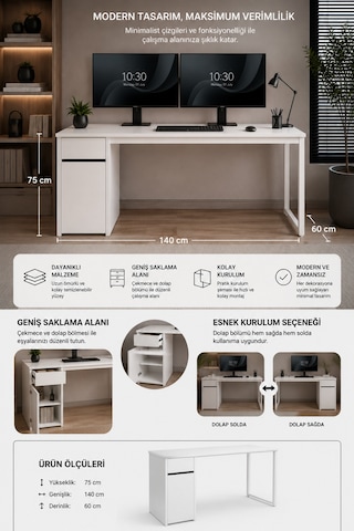 Beyaz Çekmeceli Kapaklı 120 Cm Çalışma Masası, Bilgisayar Masası, Ofis Masası, Metal Ayaklı, Raflı, Kesonlu 140 Cm