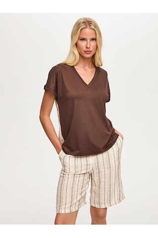 Faik Sönmez Resort Arkası Çizgili Dokuma Garnili V Yaka Tshirt S26tsh115 Us26tsh11583 Kahverengi