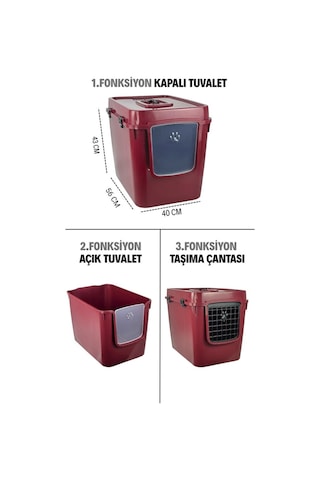 Pribor Hz-500 Xxl 3 Fonksiyonlu Açık / Kapalı Kedi Tuvaleti Ve Taşıma Çantası Bordo 56 X 40 X 43 Cm