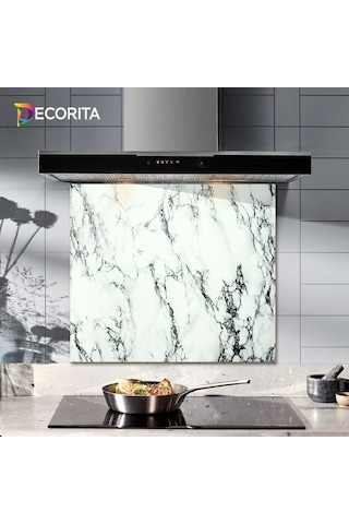 Decorıta Cam Ocak Arkası Koruyucu | Beyaz Mermer Görünümlü