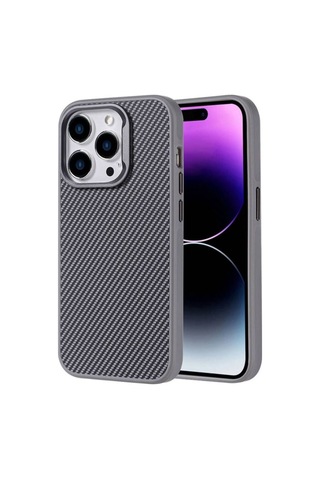 Apple Uyumlu iPhone 15 Pro Max Kılıf M-safe Şarj Özellikli Karbon Fiber Görünümlü Zore Troy Kapak Gümüş